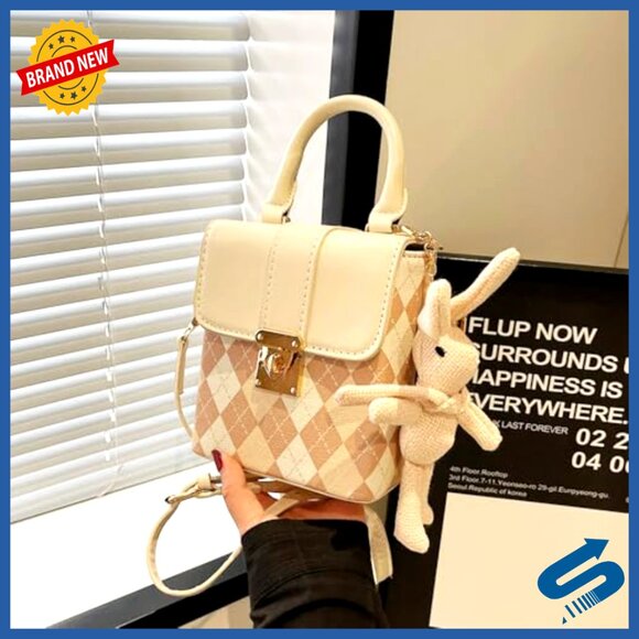 Quilted Faux Leather Satchel Shoulder Bag with Bunny Pendant Crossbody - Picture 2 of 7